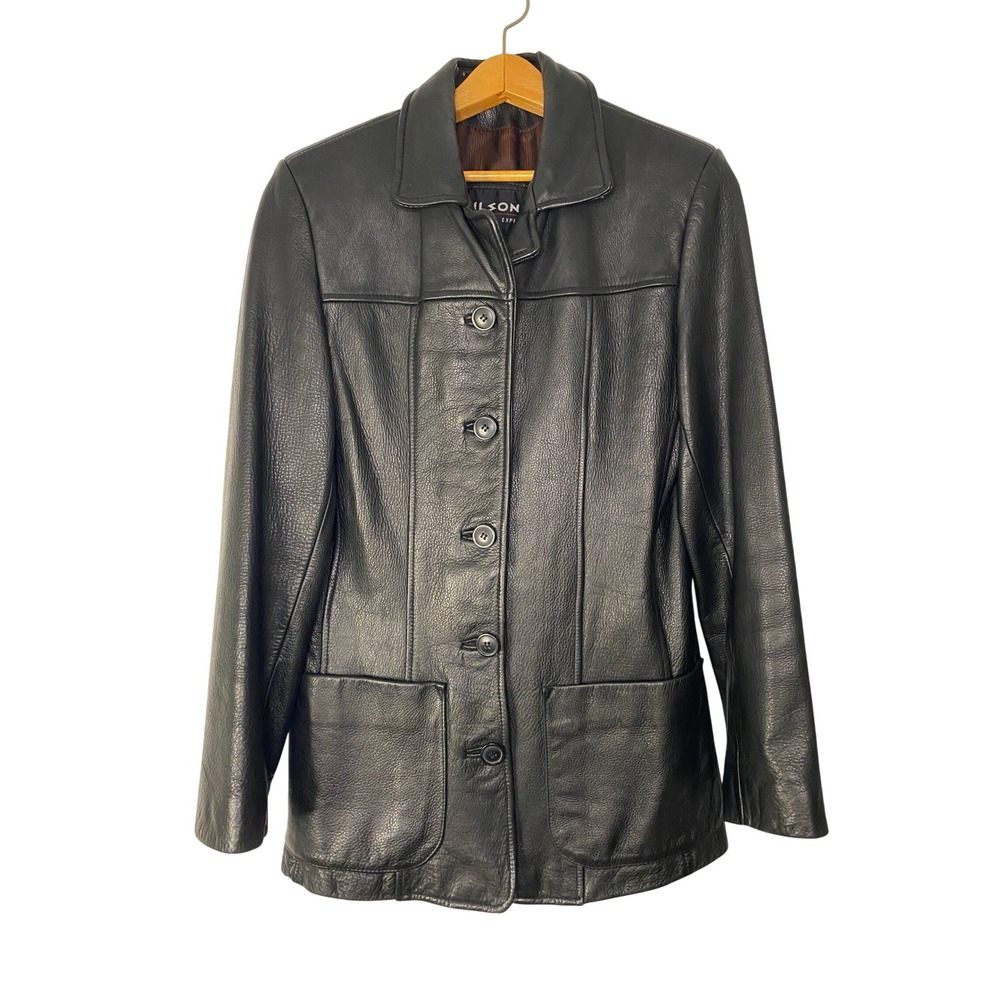 Wilsons Black Leather Jacket Long Button Front Coat Womens Medium Heavy Biker